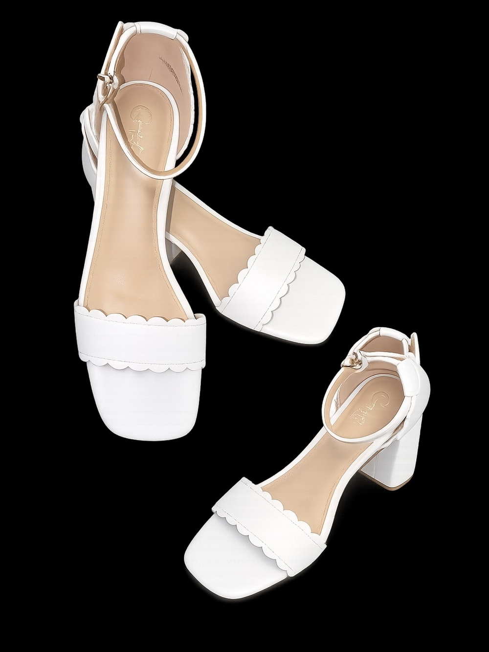 Scalloped White Ankle-Strap Block Heels